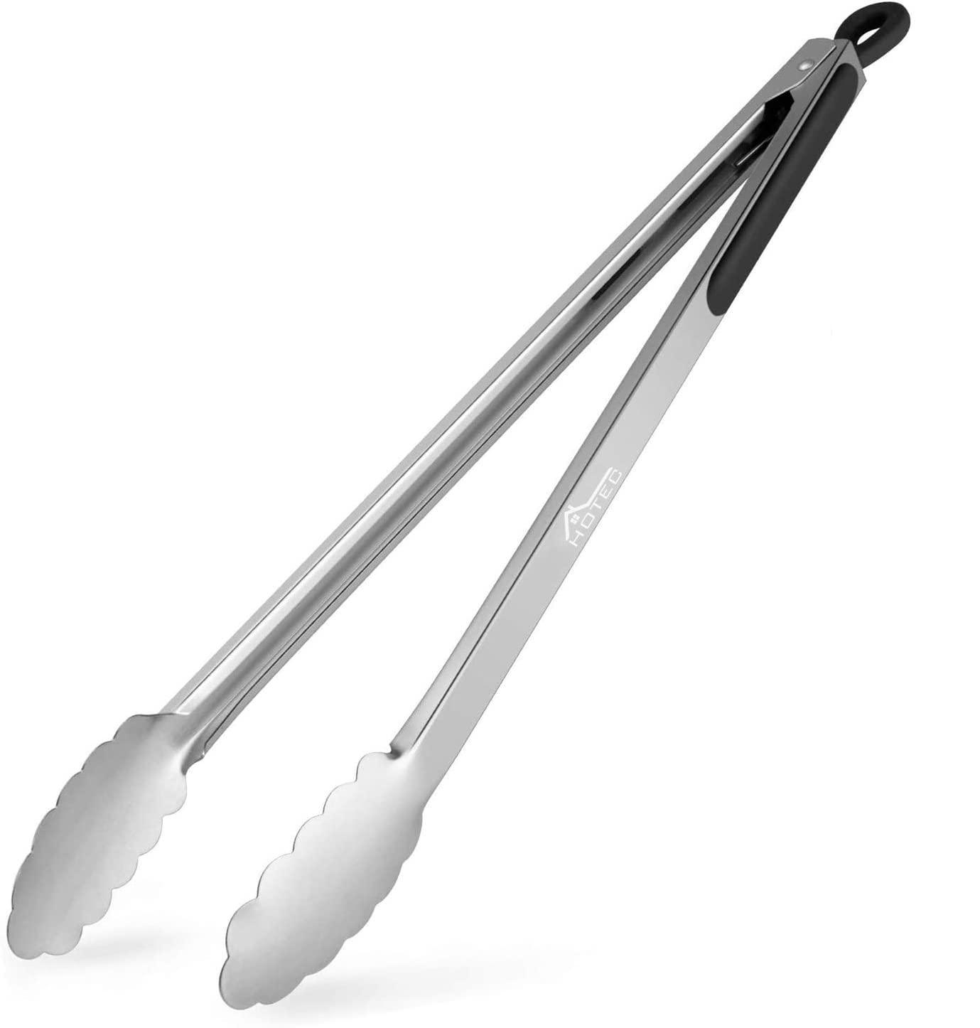 HOTEC Stainless Steel Kitchen Tongs - 16 inch Extra Long Large Barbecue BBQ Grilling Tongs, Locking Metal Food Tongs Non-Slip Grip (Black) - CookCave