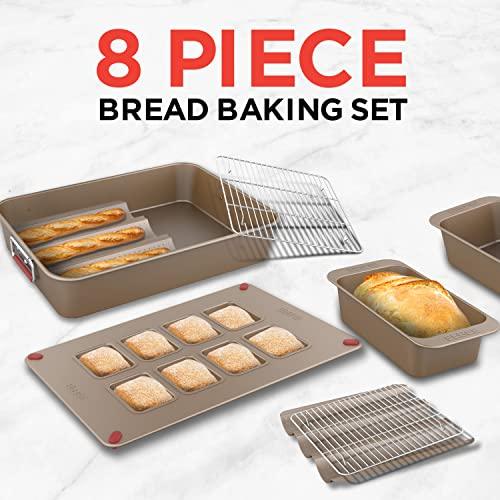 Elbee Home 8-Piece Nonstick Space Saving Bread Baking Pan Set - Includes Large Roasting Pan - Bread Loaf Pan - Baguette Pan - Cooling Rack - 8-Cavity Mini Loaf Pan Aluminized Steel - PFOA & PFOS Free - CookCave