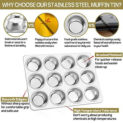 TeamFar 12-Cup Muffin Pan, Stainless Steel Cupcake Pans Muffin Tin Set for Oven Baking Mini Brownies Quiches Tarts, Non Toxic & Regular Size, Dishwasher Safe – Set of 2 - CookCave