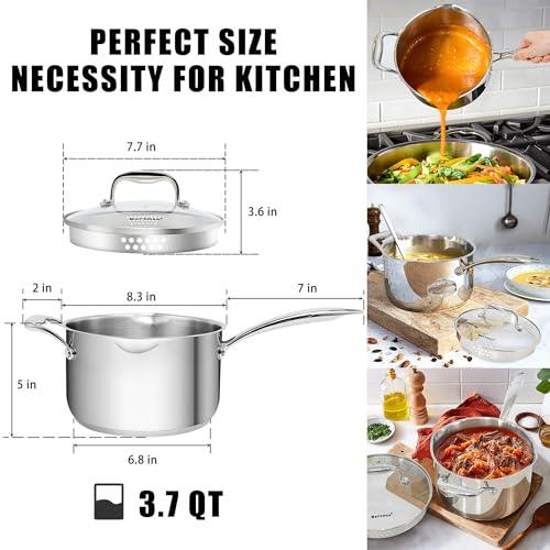 Rorence Stainless Steel Saucepan Sauce Pan with Pour Spout & Glass Lid with Strainer - 3.7 Quart - CookCave