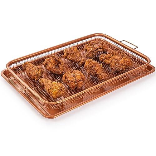 Copper Crisper Tray Non-Stick Oven Baking Tray with Elevated Mesh Crisping Grill Basket 2 Piece Set Extra Large 13"X19" – by Nuovva - CookCave