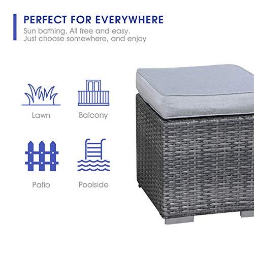 Patiorama 2 Pieces Assembled Outdoor Patio Ottoman, Indoor Outdoor All-Weather Grey Wicker Rattan Outdoor Footstool Footrest Seat with Light Grey Cushions, No Assembly Required - CookCave