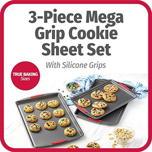 GoodCook Mega Grip Set of 3 Nonstick Steel Multipurpose Cookie Sheets with Silicone Grip Handles, Gray - CookCave