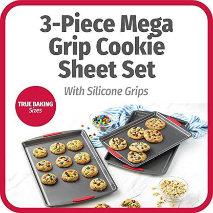 GoodCook Mega Grip Set of 3 Nonstick Steel Multipurpose Cookie Sheets with Silicone Grip Handles, Gray - CookCave