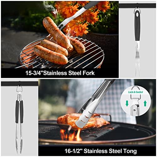 HAUSHOF Large Grilling Accessories, BBQ Grill Set, Heavy Duty Stainless Steel Barbecue Utensils with 16-1/2" Spatula, Brush, Fork, Tongs, Skewers, Thermometer, Bag, Ideal Gift, 15PCS - CookCave