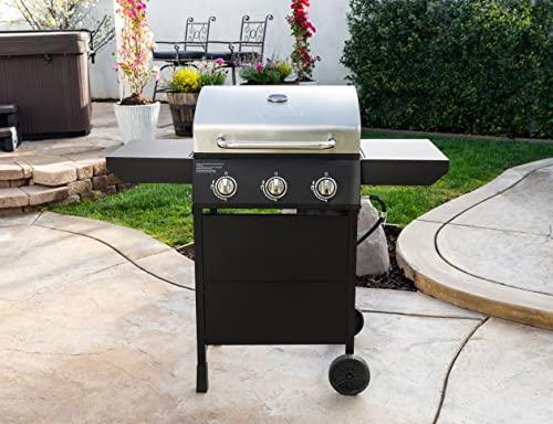 Nexgrill Premium 3 Burner Propane Barbecue Gas Grill, Side Table Open Cart with Wheels, Outdoor Cooking, Patio, Garden Barbecue Grill, 27000 BTUs, Black and Silver - CookCave