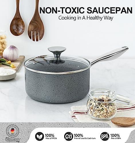 MICHELANGELO Sauce Pan with Lid, Granite Saucepans with Lids, 1Qt & 2Qt & 3Qt Sauce Pan Sets, Nonstick Saucepan Set with Stainless Steel Handle, Oven Safe, Grey - CookCave