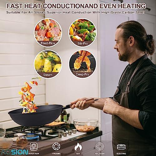 AOSION 13'' Carbon Steel Wok, 12 Piece Wok Pan & Stir-Fry Pans Set with Lid & Cookwares, No Chemical Coated Flat Bottom Chinese Wok Pan for Induction, Electric, Gas, Halogen, All Stoves - CookCave