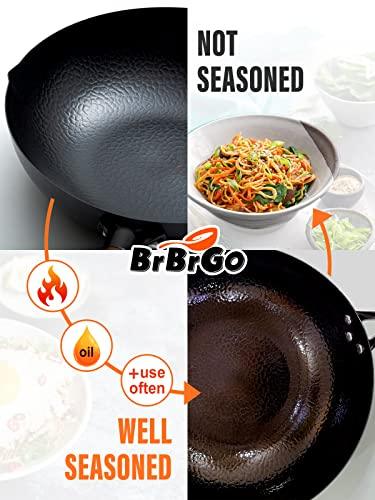 BrBrGo Carbon Steel Wok Pan, 5 Piece Authentic Chinese Wok & Stir-Fry Pans Set with Wooden Lid, No Chemical Coated Flat Bottom Chinese Woks Pan for All Stoves-13“ - CookCave