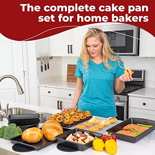 KITCHENATICS 12-PC Baking Pan Set Nonstick, Durable Carbon Steel Baking Sheets for Oven, Nonstick Baking Pans Set with Muffin Pan, Loaf Pan, Pizza Pan, Cookie Sheet Pan - Black Bakeware Sets - CookCave