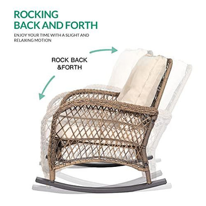 VIVIJASON Outdoor Wicker Rocking Chair, Patio Rattan Rocker Chair with Cushions & Steel Frame, All-Weather Rocking Lawn Wicker Furniture for Garden Backyard Porch (Beige) - CookCave