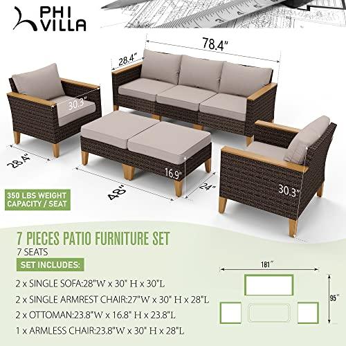 PHI VILLA 7-Piece Wicker Patio Conversation Set, Outdoor Rattan Sectional Furniture Patio Set for 7 Seats with Cushioned 2 x Single Sofa, 2 x Armrest Chair, 2 x Ottoman and 1 x Armless Sofa, Beige - CookCave