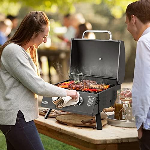 COSTWAY Portable Gas Grill, 20,000 BTU Tabletop Barbecue Grill with 2 Burners, Dual Temperature Control, Folding Legs, Built-in Thermometer, Propane Gas Grill for RV Backyard BBQ Camping Patio, Black - CookCave