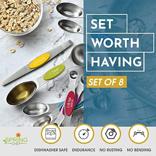 Spring Chef 8-pc Magnetic Measuring Spoon Set, Stainless Steel with N45 Magnets, Fits Spice Jars, BPA Free - CookCave