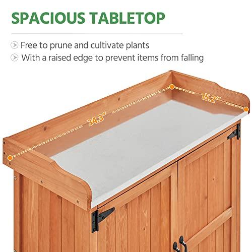 Yaheetech Garden Potting Bench Table - Outdoor Garden Patio Wooden Storage Cabinet & Solid Wood Planting Work Bench with Large Space Storage & Metal-Plated Tabletop, Brown - CookCave