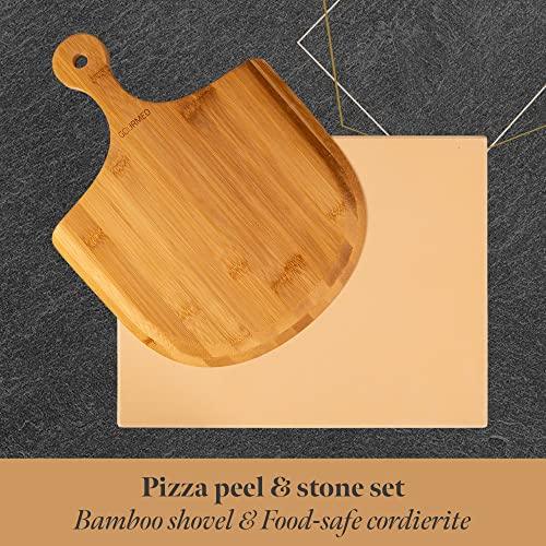 GOURMEO Pizza Stone Pan and Wooden Pizza Paddle - 15x11.8x0.6 inch - Cordiete Bread Beaking Stone w/Pizza Peel - Suitable for Oven & Grill - CookCave