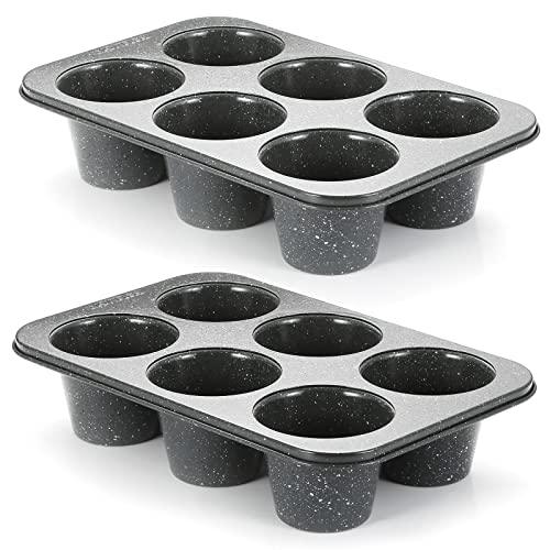 Monfish 2pcs Jumbo Deep Muffin Pan - 6-Cavity Baking Tray, 3.5x3 Inch Cups - Carbon Steel - Black Granite Stone Finish - Extra Large Cupcake Tins for Baking (2 deep muffin) - CookCave