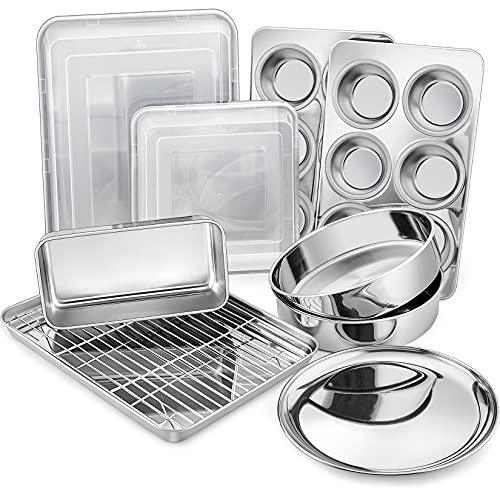 P&P CHEF 12-Piece Stainless Steel Baking Pans Set, Kitchen Bakeware Set, Include Baking Sheet with Rack, Round/Square Cake Pan, Lasagna Pan, Loaf Pan, Muffin Pan, Pizza Tray & 2 Covers, Durable - CookCave