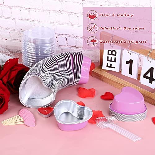 Fovths 60 Pack Valentine‘s Day Heart Shaped Cake Pans with Lids 3.4oz/100ml Disposable Valentine Baking Supplies Aluminum Foil Heart Pans with Spoon Heart Topper for Valentine Mother's Day Party, Pink - CookCave