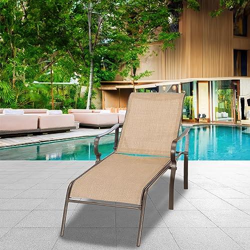 yoyomax Chaise Lounge Outdoor w/Adjustable Back in 5 Reclining Levels, Sturdy Metal Frame, Sunbathing Chair for Beach, Yard, Balcony, Poolside, Beige - CookCave