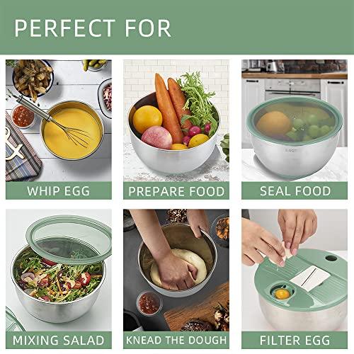 VEKAYA Mixing Bowls Set of 3, Stainless Steel Mixing Bowl with Airtight Lids, Metal Mixing Bowls with 5 Graters, Measurement Marks, Non-Slip Bottoms, Great for Mixing & Prepping, 5/3/1.5 QT (Green) - CookCave