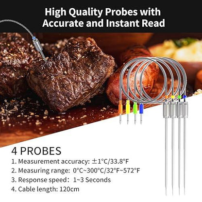 Rilitor Bluetooth Meat Thermometer,Wireless Digital Grill Thermometer with 4 Probes, Oven BBQ Thermometer with 100M/328Ft Smart APP Remote Suit for Kitchen Food Garden Smoker Barbecue Cooking - CookCave