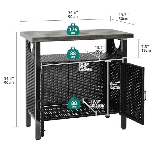 YITAHOME Outdoor Storage Cabinet, Patio Bar Table with Two Doors and Shelves, Weatherproof Wicker Storage Console Table for Outdoor Cushions, Pool Toys and Garden Potting - Black - CookCave