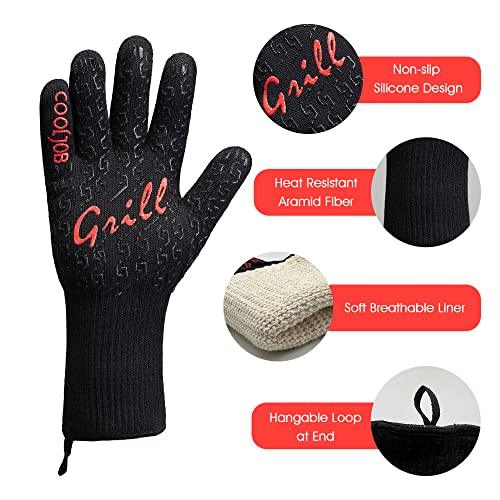 COOLJOB Heat Resistant BBQ Gloves for Hot Temperature Cooking, Barbecue Grilling or Baking Bread Pizza, 800 Degrees Safe Oven Mittens with Fingers, Aramid Fiber with Silicone Grip, One Size, Black - CookCave