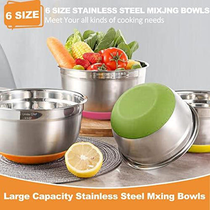 Umite Chef Mixing Bowls with Airtight Lids, 6 Piece Stainless Steel Metal Bowls, Measurement Marks & Colorful Non-Slip Bottoms Size 7, 3.5, 2.5, 2.0,1.5, 1QT, Great for Mixing & Serving - CookCave