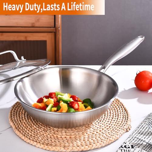 DELARLO Whole body Tri-Ply Stainless Steel 10 inch wok Pan With steel cover, Oven safe induction Stir-Fry Pans skillet,Suitable for All Stove - CookCave