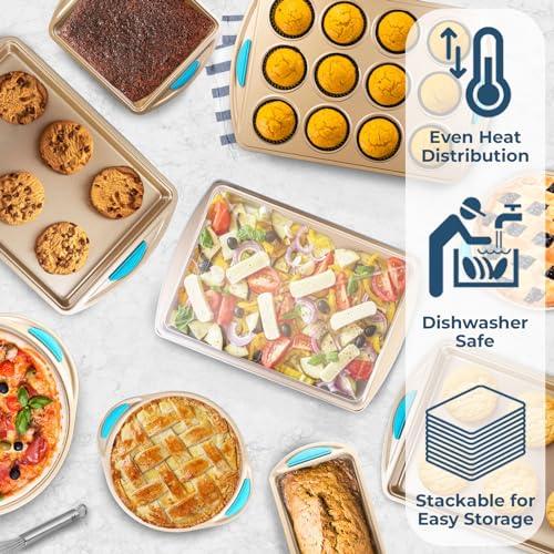 Perlli Baking Pan 10 Piece Set Nonstick Gold Steel Oven Bakeware Kitchen Set with Silicone Handles, Cookie Sheets, Round Cake Pans, 9x13 Pan with Lid, Loaf Pan, Deep Pan, Pizza Crisper, Muffin Pan - CookCave