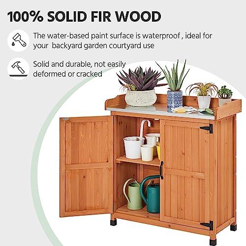 Yaheetech Garden Potting Bench Table - Outdoor Garden Patio Wooden Storage Cabinet & Solid Wood Planting Work Bench with Large Space Storage & Metal-Plated Tabletop, Brown - CookCave