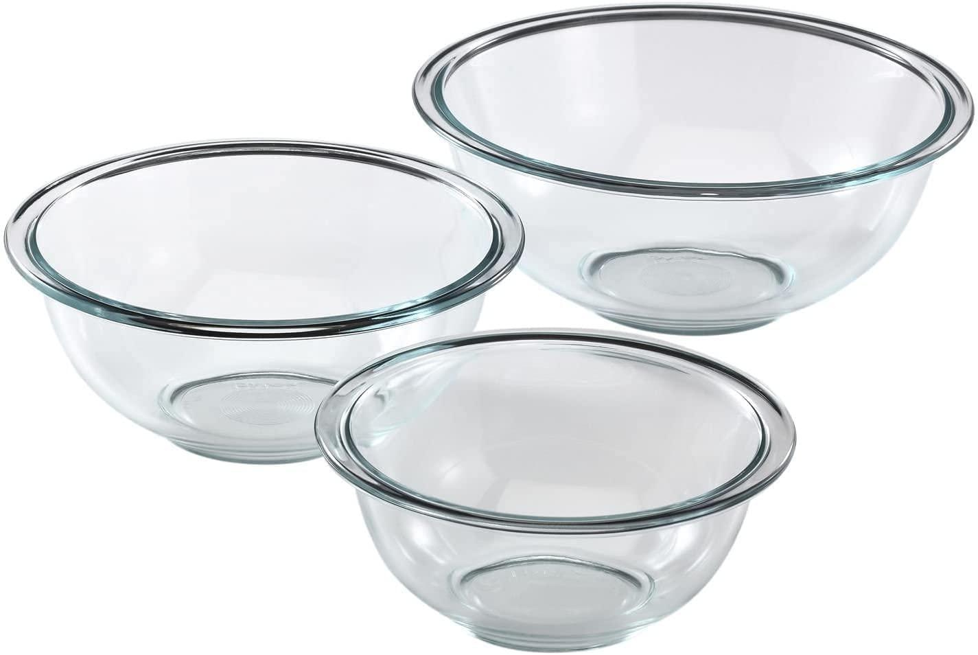 Pyrex Smart Essentials 3-Piece Prepware Mixing Bowl Set, 1-Qt, 1.5-Qt ,and 2.5-Qt Glass Mixing Bowls, Dishwasher, Microwave and Freezer Safe - CookCave