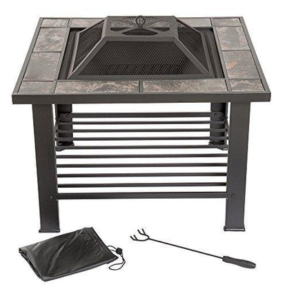 Fire Pit Set, Wood Burning Pit - Includes Screen, Cover and Log Poker - Great for Outdoor and Patio, 30 inch Square Marble Tile Firepit by Pure Garden, Black - CookCave