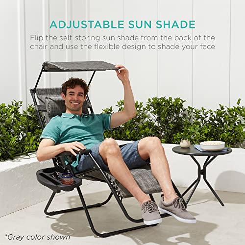 Best Choice Products Folding Zero Gravity Outdoor Recliner Patio Lounge Chair w/Adjustable Canopy Shade, Headrest, Side Accessory Tray, Textilene Mesh - Beige - CookCave