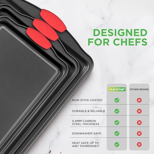 NutriChef Non-Stick Kitchen Oven Baking Pans-Deluxe & Stylish Nonstick Gray Coating Inside Outside, Commercial Grade Restaurant Quality Metal Bakeware with Red Silicone Handles NCSBS3S, 3 Piece Set - CookCave