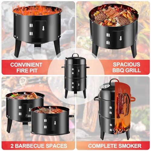 RYHOFOUD 19Inch Round Charcoal Smoker Grill,Heavy-Duty BBQ Smoker for Outdoor Smoking-Vertical Multi-Layer Pellet Smoker Ideal for Meats-Offset Charcoal Grill with Thermometer & S-Shaped Hook,Black - CookCave