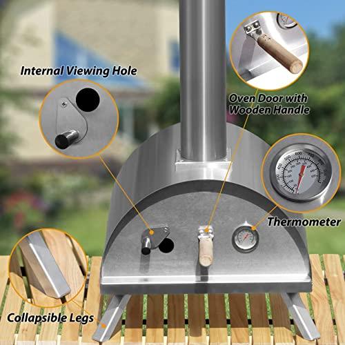 Go-Trio Outdoor Pizza Oven, 12'' Stone Wood Pellet Pizza Oven for Outside, Portable Wood Fire Pizza Maker Stainless Steel with Free Accessories, Camping, Picnic, Cooking, Garden, Patio and Backyard - CookCave