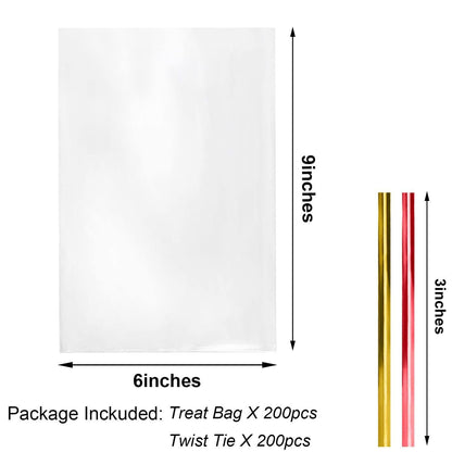 Cellophane Treat Bags,6x9 Inches Clear Cellophane Bags 200 Pcs OPP Plastic Treat Bags with 200 Twist Ties for Gift Wrapping,Packaging Candies,Dessert,Bakery, Cookies, Chocolate,Party Favors - CookCave