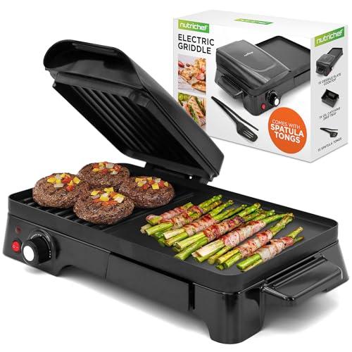 Nutrichef 3-in-1 Grill, Griddle, & Panini Press - Nonstick Coating, Temperature Control - Multiuse Countertop Sandwich Maker - Removable Drip Tray - 1500W - Compact Griddle - 20.3 x 12.5 x 5.3 - CookCave