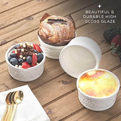 JoyJolt Small Ramekins 4 oz Oven Safe Bowls. White Embossed Porcelain Ceramic Ramekin Set of 4. Creme Brulee Ramekins, Souffle Cups, Custard Cups, Charcuterie Bowls, Sauce Cups, Gratin Ramiken - CookCave