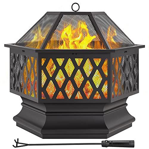 Yaheetech 26in Fire Pits for Outside Hex Shaped Fire Pit Wood Fire Pit Outdoor Fireplace for Bonfire Patio Picnic BBQ, with Spark Cover, Fire Poker - CookCave