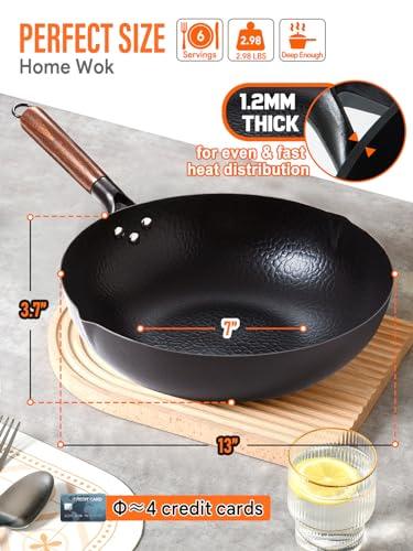 BrBrGo Carbon Steel Wok Pan, 5 Piece Authentic Chinese Wok & Stir-Fry Pans Set with Wooden Lid, No Chemical Coated Flat Bottom Chinese Woks Pan for All Stoves-13“ - CookCave