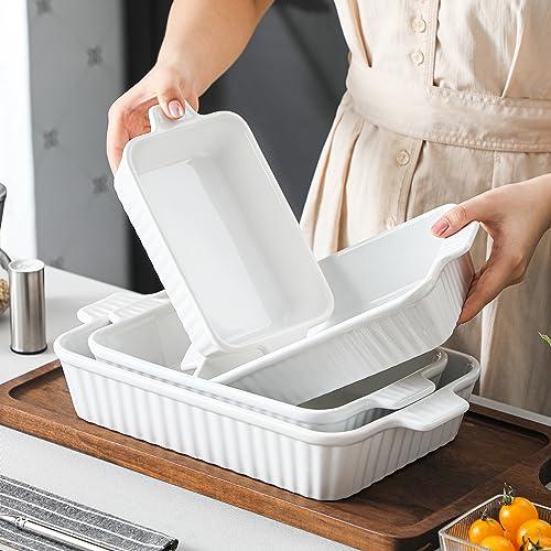 MALACASA Casserole Dishes for Oven, Porcelain Baking Dishes, Ceramic Bakeware Sets of 4, Rectangular Lasagna Pans Deep with Handles for Baking Cake Kitchen, White (9.4"/11.1"/12.2"/14.7"), Series - CookCave