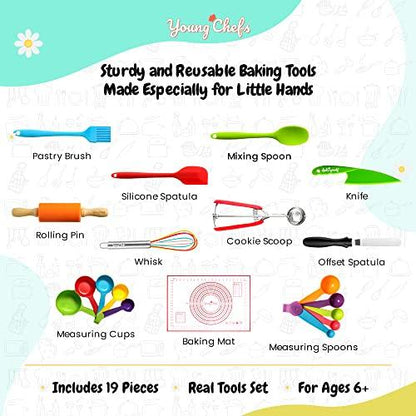 Young Chefs Cooking and Baking Set for Kids – 19 Pieces Real Kids Baking Set – Giftable Kids Baking Sets for Girls and Boys – Kids Cooking Set Real Tools - CookCave