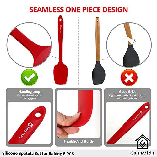 CasaVida Silicone Spatula Set 5pcs Red High Heat Resistant Non Stick Bakery Flexible BPA Free Dishwasher Safe Kitchen Utensils Bakeware Cookware Baking Mixing One-piece Seamless Spatula Set - CookCave