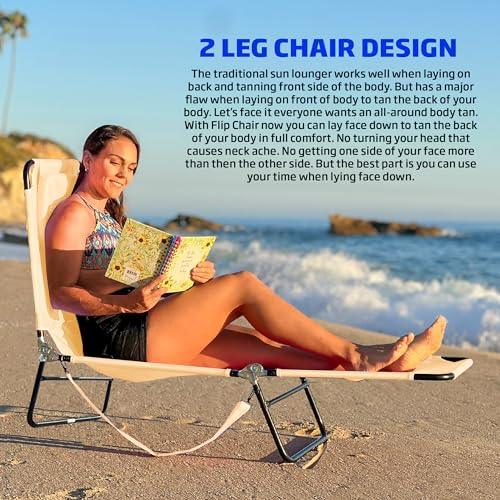 Pool Chair Chaise Lounge 2 Legs Support Polyester Material Reclining Backrest Head Rest Pillow Great For Beach, Home, Backyard, Outdoor, Patio, Pool, Camping, Lawn or Deck Color TAN - CookCave