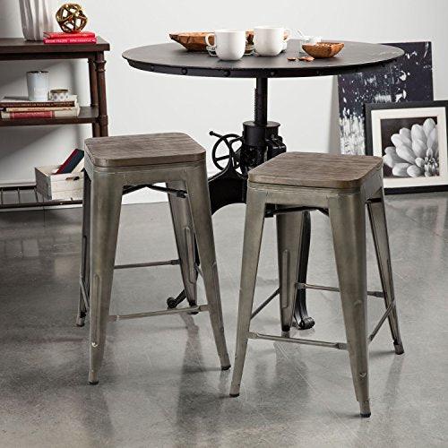 JUMMICO Metal Bar Stools Indoor-Outdoor Stackable Modern 24 Inches Gun Metal Counter Height Industrial Barstools with Wooden Seat Set of 4 (Gun) - CookCave