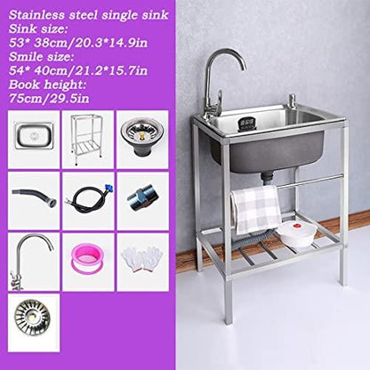 Stainless Steel Utility Sink w/Faucet, Outdoor Station for Washing, Commercial Kitchen Prep for Laundry/Backyard/Garage, with Drainboard Sinks Kit, 1 Compartment ( Color : Cold water tap , Size : 54*4 - CookCave
