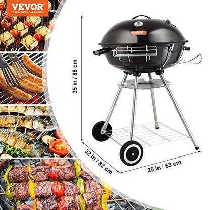 VEVOR 22 inch Charcoal Grill, Portable Charcoal Grill with Wheels for Outdoor, Porcelain-Enameled Lid and Ash Catcher & Thermometer, Round Barbecue Kettle Grill Bowl Wheels for Small Patio Backyard - CookCave